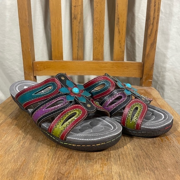 Socofy Women's Sandals Slip On Slides Multicolored Boho Artsy Size EU 42/ US 11 - Picture 3 of 9